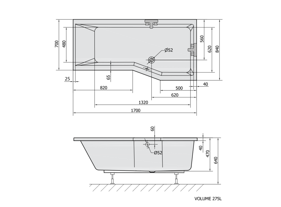Polysan VERSYS R asymetrická vana 170x84x70x47cm, bílá 70611