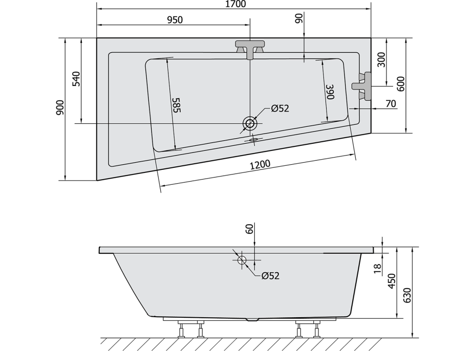 Polysan ANDRA L SLIM asymetrická vana 170x90x45cm, bílá 81111S