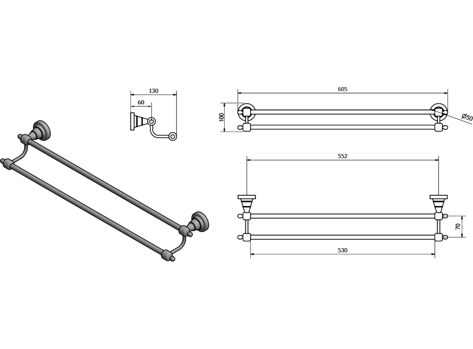 Sapho DIAMOND dvojitý držák ručníků 600x130mm, bronz 1318-11