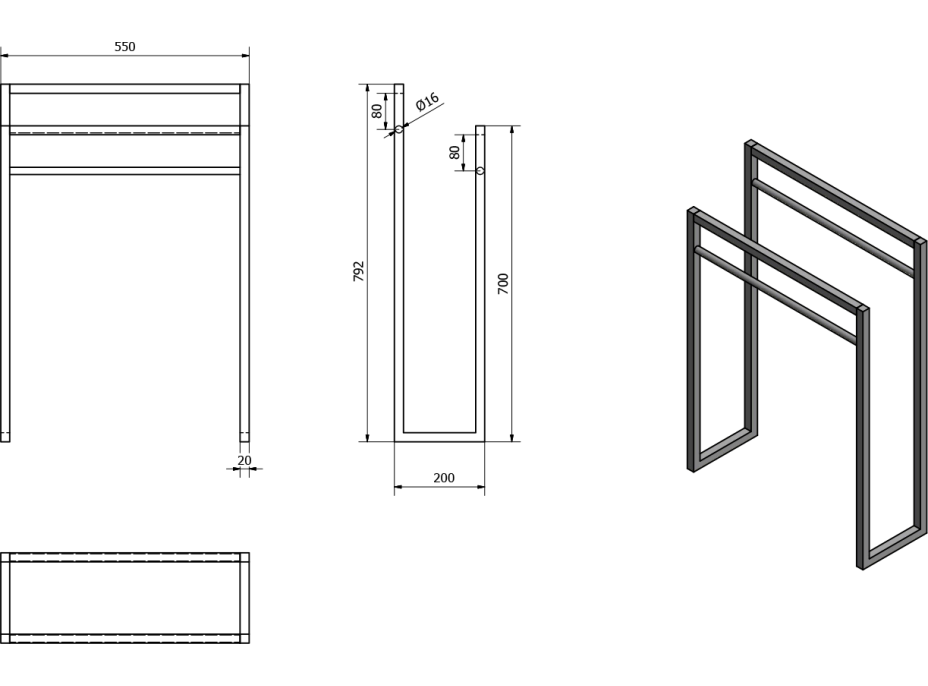 Sapho SKA stojan na ručníky 550x790x200mm, černá mat SKA301