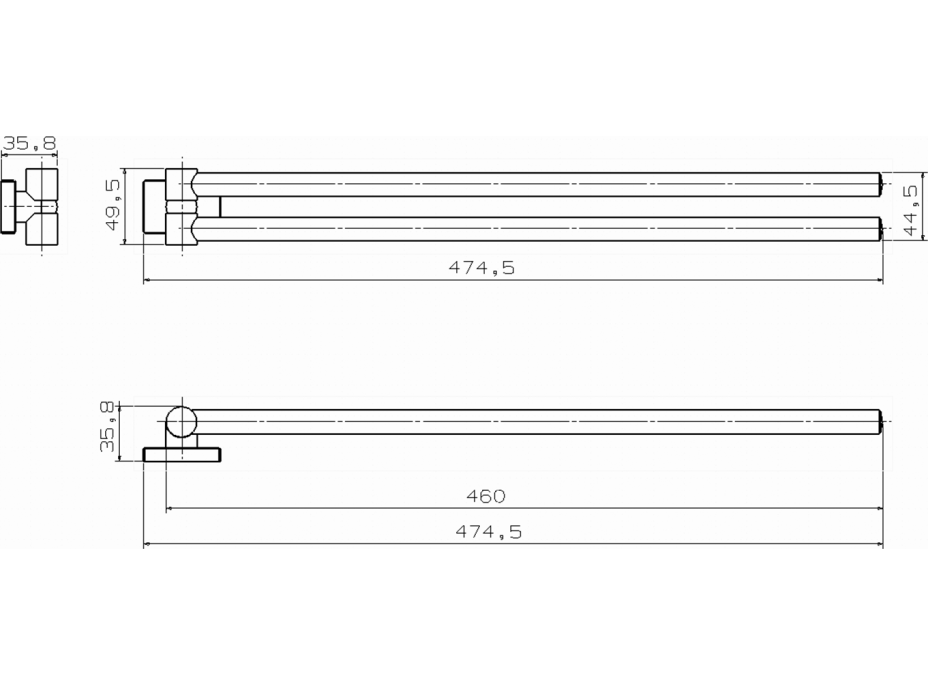 Aqualine APOLLO dvojitý držák ručníků 460x35mm, chrom 1416-15