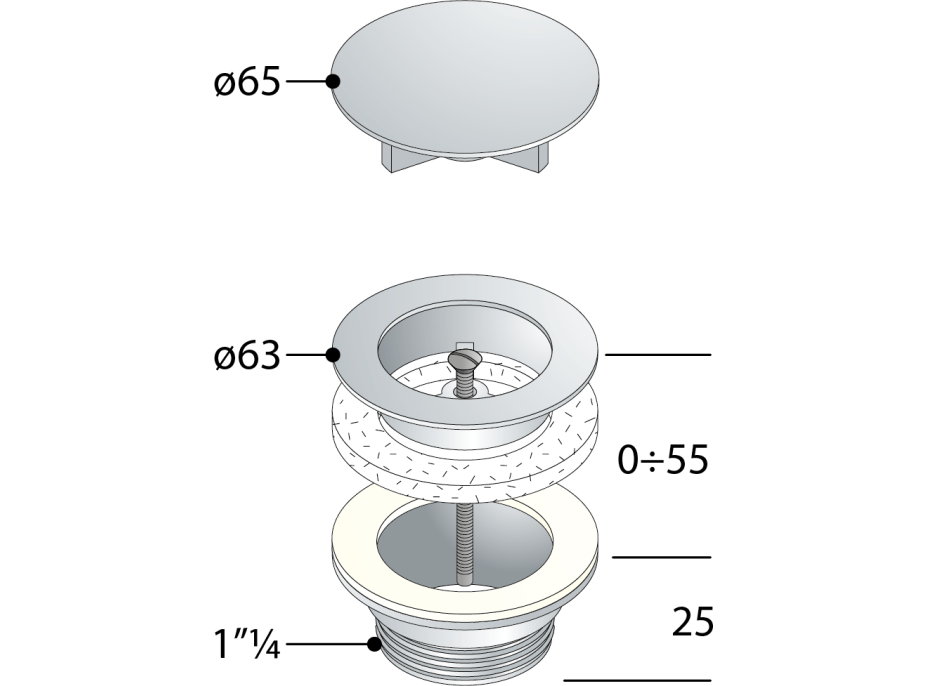 Omp Tea Umyvadlová výpust 5/4“, neuzavíratelná, velká krytka, tl.10-55mm, chrom 542.742.5