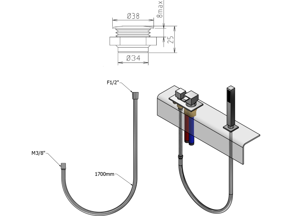 Sapho Sprchová průchodka na okraj vany včetně hadice F1/2"-M3/8" , hranatá, chrom 1205-11