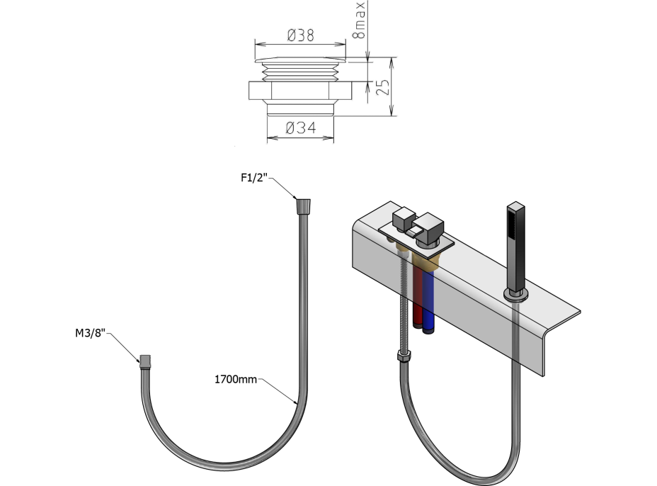 Sapho Sprchová průchodka na okraj vany včetně hadice F1/2"-M3/8", kulatá, chrom 1205-04
