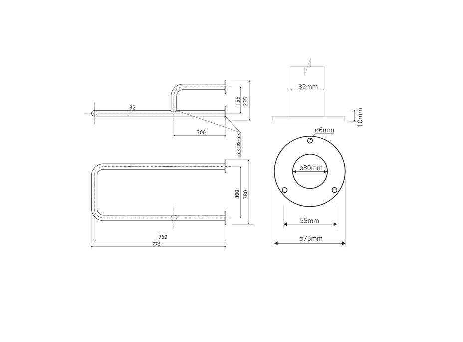 Sapho HANDICAP podpěrné madlo PRAVÉ 760mm, bílá XH536W