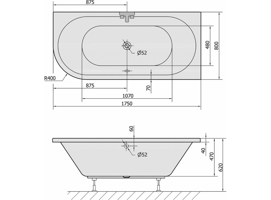Polysan VIVA R asymetrická vana 175x80x47cm, černá mat 78119.21