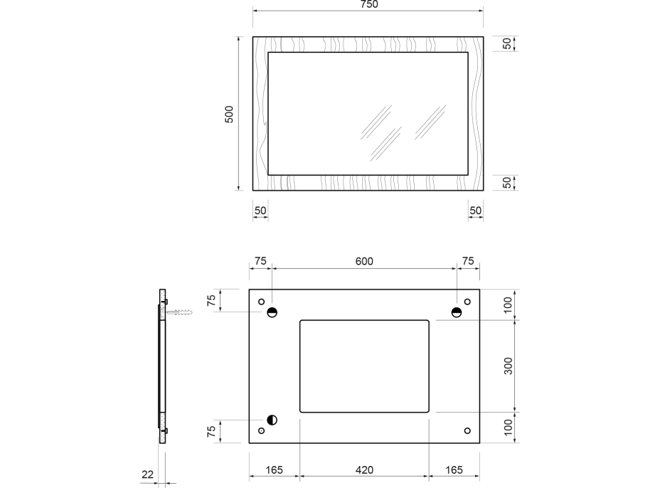 Sapho TREOS zrcadlo v rámu 750x500mm, černá mat TS750-3535