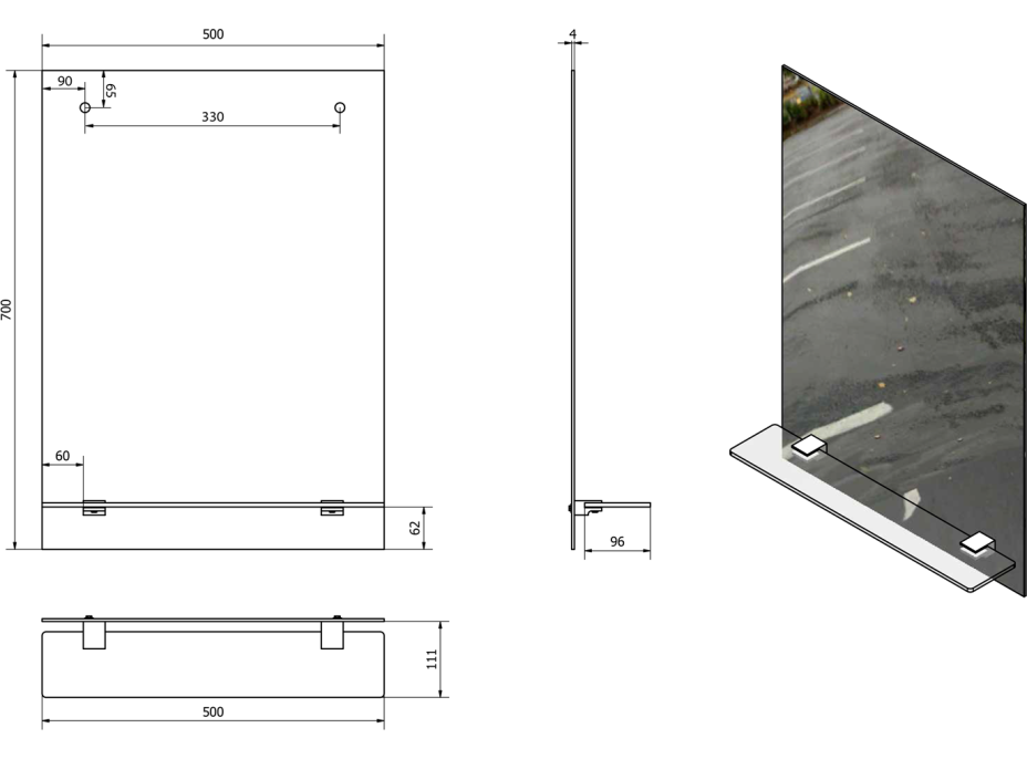 Aqualine Zrcadlo s otvory pro polici 50x70cm, včetně závěsů 22429