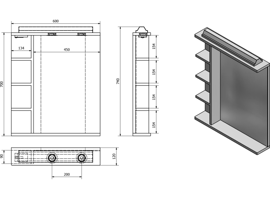 Aqualine KORIN zrcadlo s LED osvětlením, zásuvkou a policemi 60x70x12cm KO377