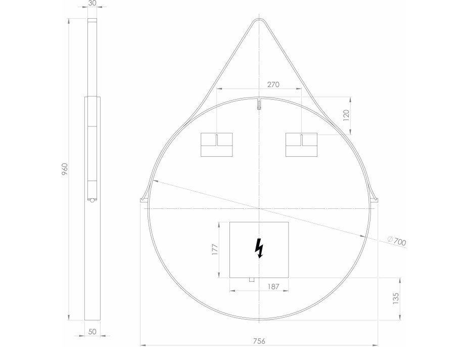 Sapho ORBITER kulaté zrcadlo s LED osvětlením ø 70cm, kožený pásek, černá mat ORL070