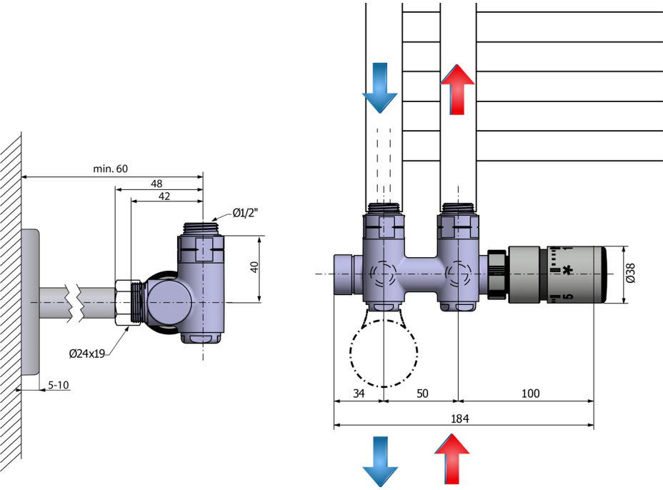 Sapho TWIN COMBI připojovací sada ventilů termostatická pro středové připojení, pravá, nerez mat CP5510S