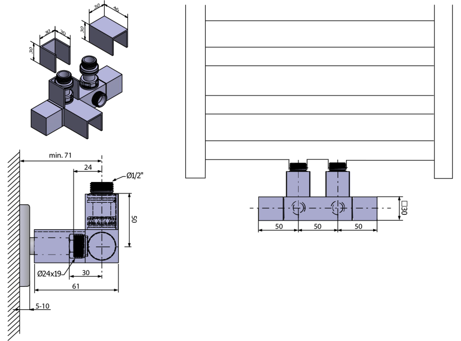 Sapho CUBE TWIN připojovací sada ventilů pro středové připojení, nerez mat CP582S