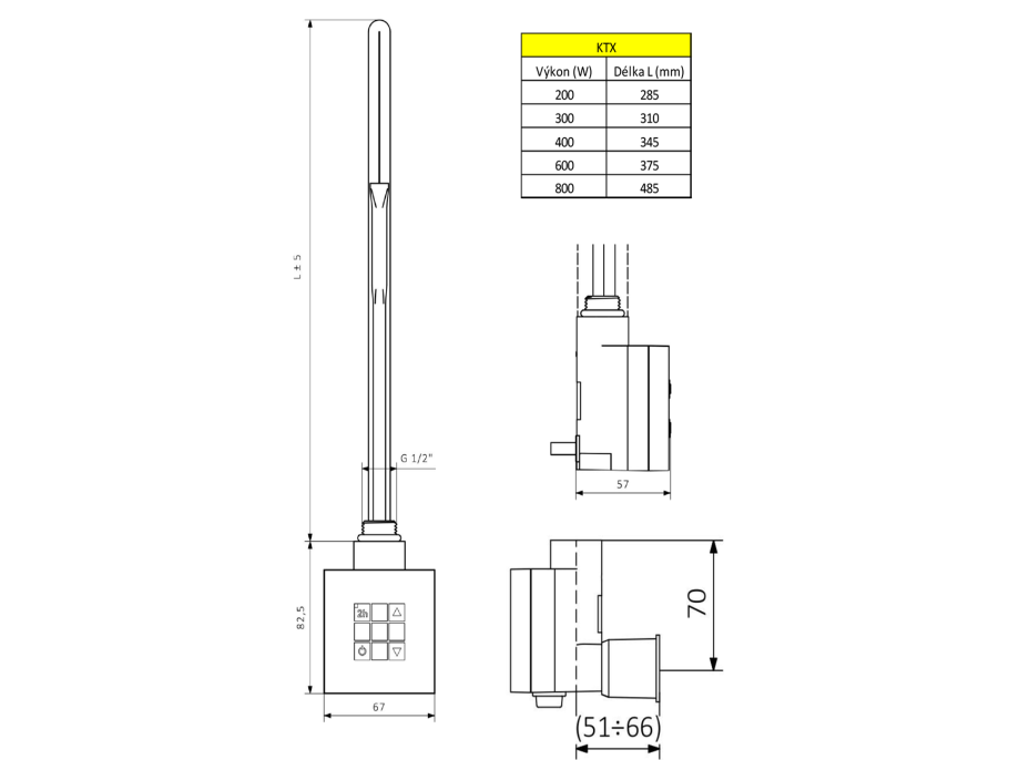 Sapho KTX topná tyč s termostatem, s krytem pro kabel, 400 W, chrom KTX-CW-400