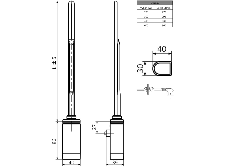 Sapho ONE D topná tyč s termostatem, 300 W, levá, chrom ONE-DL-C-300