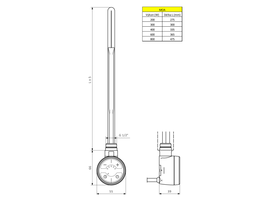 Sapho MOA topná tyč s termostatem, 300 W, chrom MOA-C-300