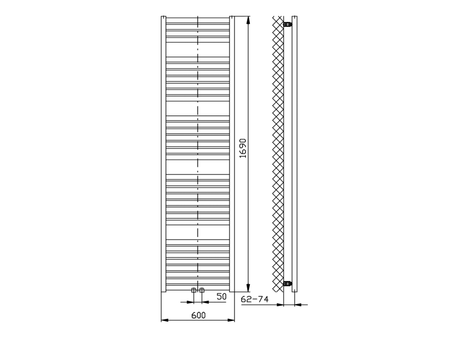 Aqualine TONDI otopné těleso rovné 600x1690 mm, středové připojení, černá mat DT496T