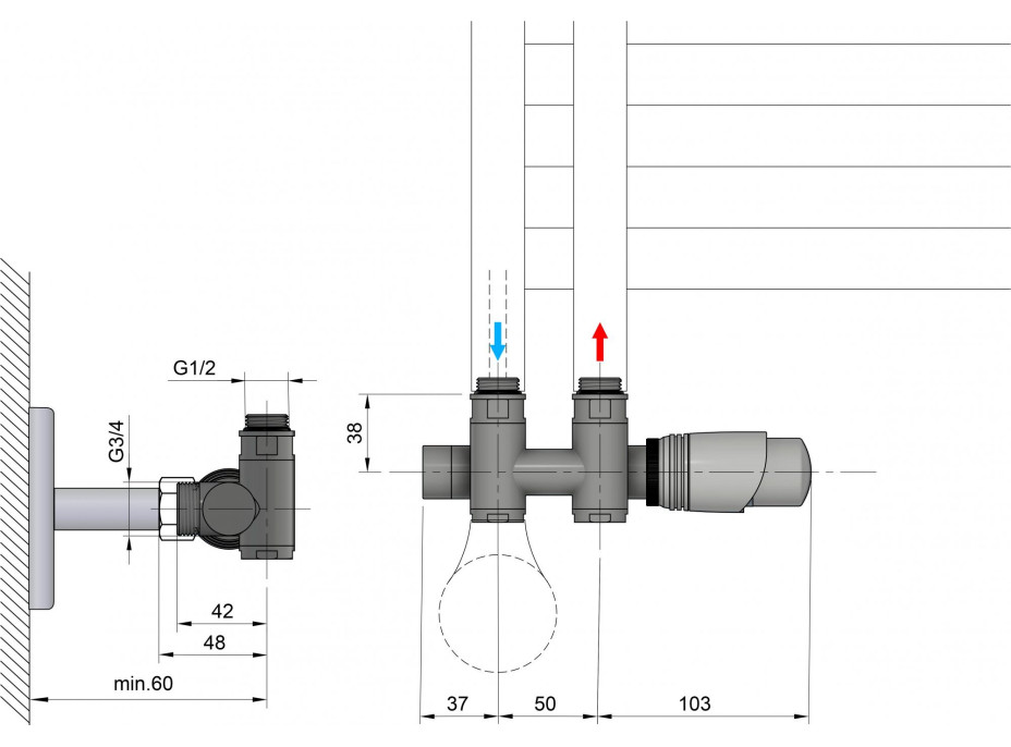 Bruckner WICHER COMBI připojovací sada termostatická pro středové připojení 50mm, bílá 600.331.4