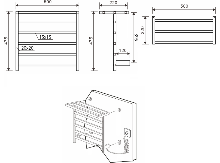 Sapho ELZOR elektrický sušák ručníků 500x470 mm, 60 W, bílá mat EB500