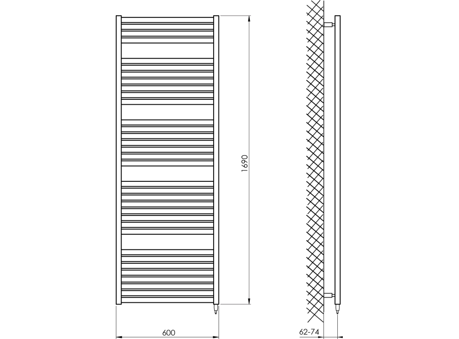 Aqualine TONDI-E elektrické otopné těleso rovné 600x1690 mm, 800 W, černá mat DE496T