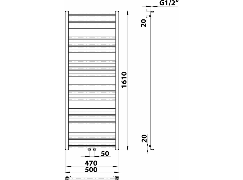 Bruckner GRUNT otopné těleso rovné 500x1610 mm, středové připojení, bílá 600.123.4