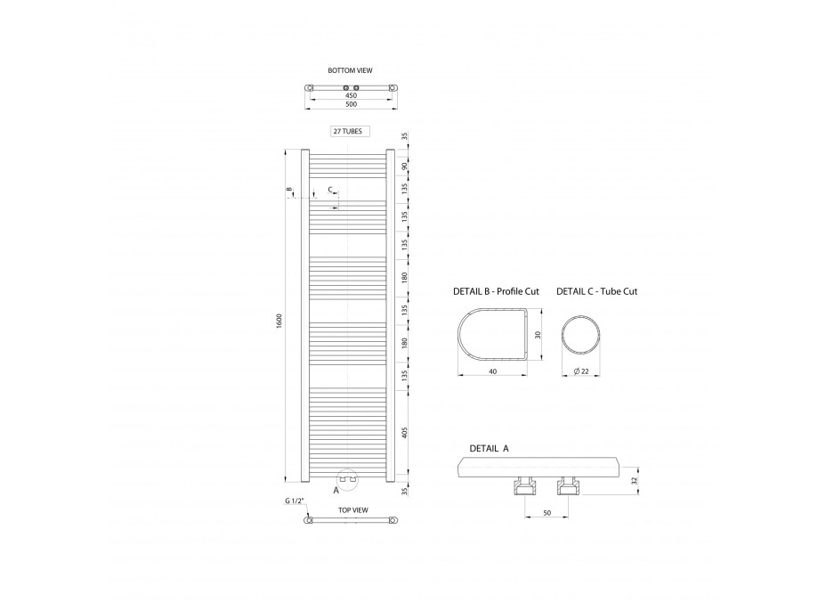 Aqualine ALYA otopné těleso rovné 500x1600mm, středové připojení, chrom LLS304