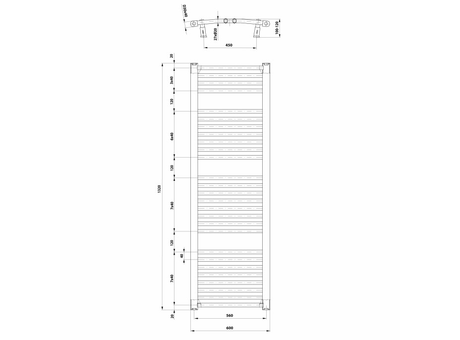 Aqualine ORBIT otopné těleso s bočním připojením 600x1320 mm, bílá ILO36T