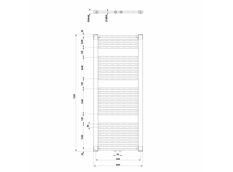 Aqualine DIRECT otopné těleso se středovým připojením 600x1320 mm, bílá ELM36T