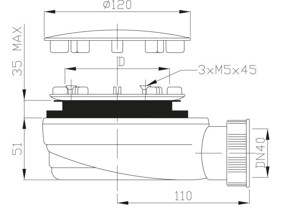 Polysan Vaničkový sifon, průměr otvoru 90mm, DN40, extra nízký, krytka nerez lesk 1722C