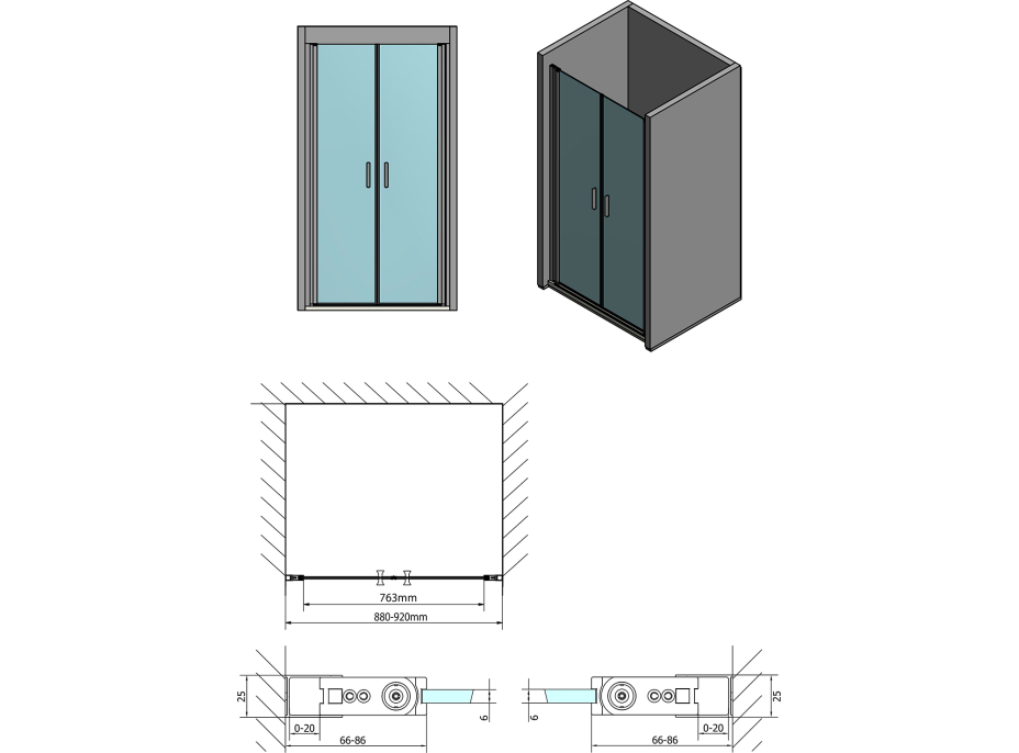 Polysan ZOOM LINE sprchové dveře dvojkřídlé 900mm, čiré sklo ZL1790