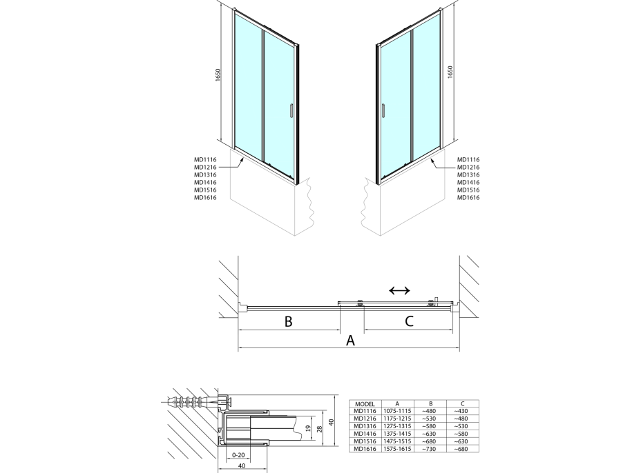 Polysan DEEP sprchové dveře 1100x1650mm, čiré sklo MD1116