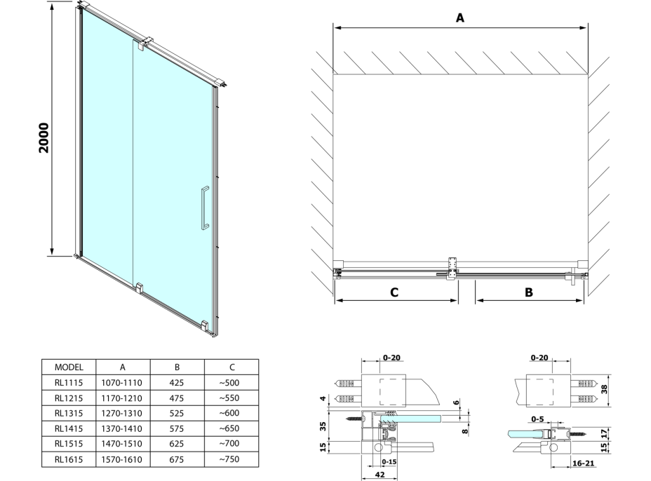 Polysan ROLLS LINE sprchové dveře 1100mm, výška 2000mm, čiré sklo RL1115