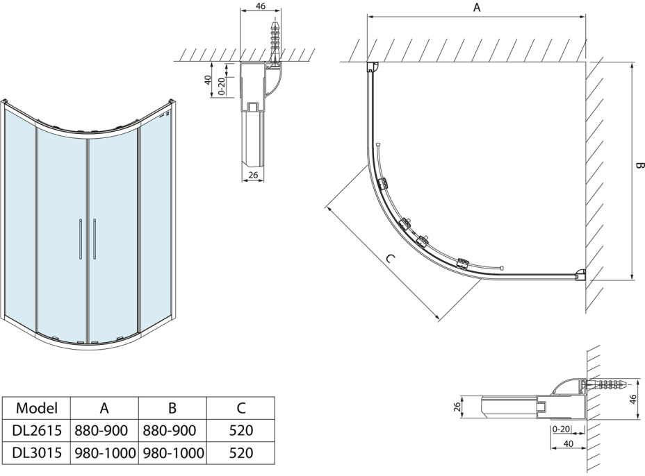 Polysan LUCIS LINE čtvrtkruhová sprchová zástěna, 1000x1000mm, R550, čiré sklo DL3015