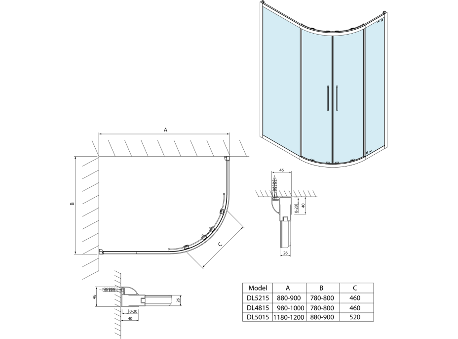 Polysan LUCIS LINE čtvrtkruhová sprchová zástěna 1000x800mm, L/R DL4815