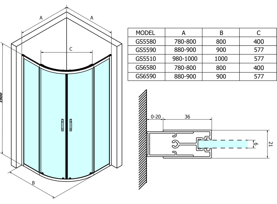 Gelco SIGMA SIMPLY čtvrtkruhová sprchová zástěna 800x800 mm, R550, čiré sklo GS5580