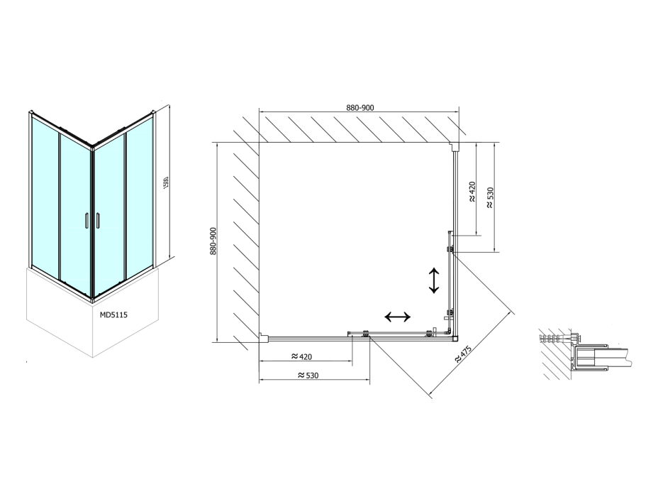 Polysan CARMEN čtvercová sprchová zástěna 900x900x1500mm, čiré sklo MD5115