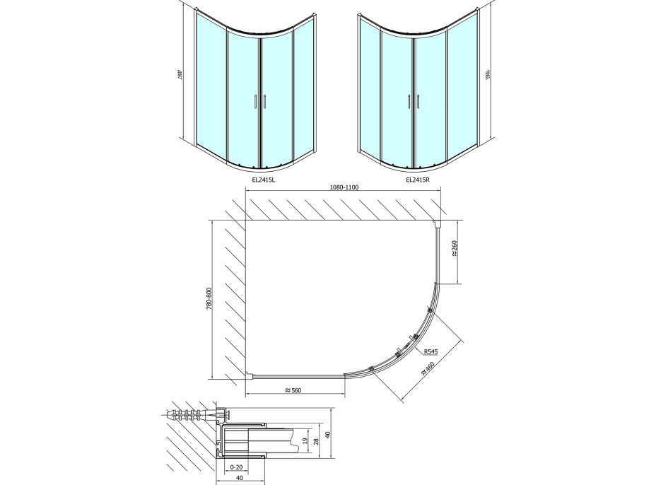 Polysan EASY LINE čtvrtkruhová sprchová zástěna 1100x800mm, L/R, čiré sklo EL2415