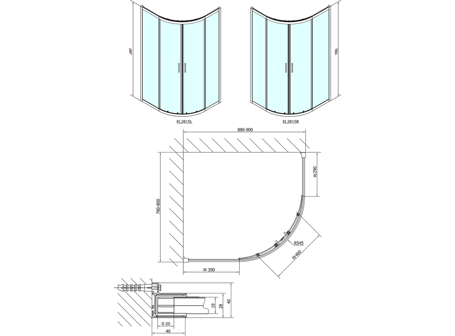 Polysan EASY LINE čtvrtkruhová sprchová zástěna 900x800mm, L/R, čiré sklo EL2815