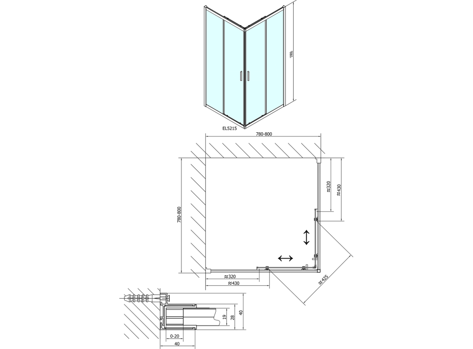 Polysan EASY LINE čtvercová sprchová zástěna 800x800mm, čiré sklo EL5215