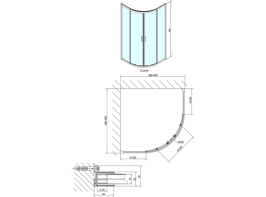 Polysan EASY LINE čtvrtkruhová sprchová zástěna 900x900mm, sklo BRICK EL2638