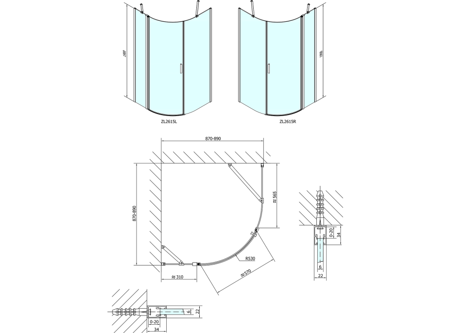 Polysan ZOOM LINE čtvrtkruhová sprchová zástěna 900x900mm, čiré sklo, pravá ZL2615R