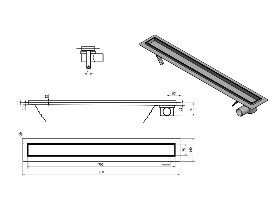 Aqualine PAVINO nerezový podlahový žlab s roštem pro dlažbu, L-760, DN50 2710-80