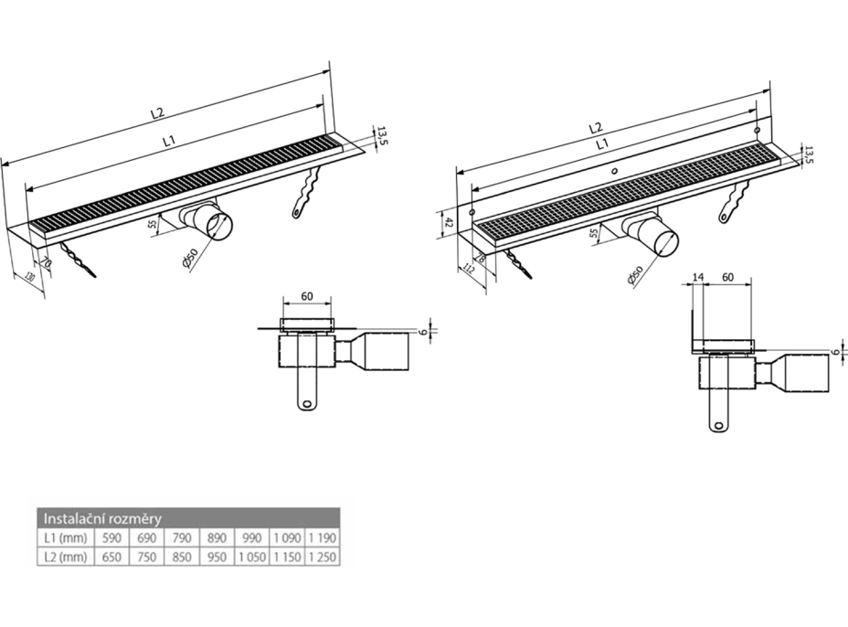 Gelco MANUS QUADRO nerezový podlahový žlab s roštem, L-1150, DN50 GMQ37