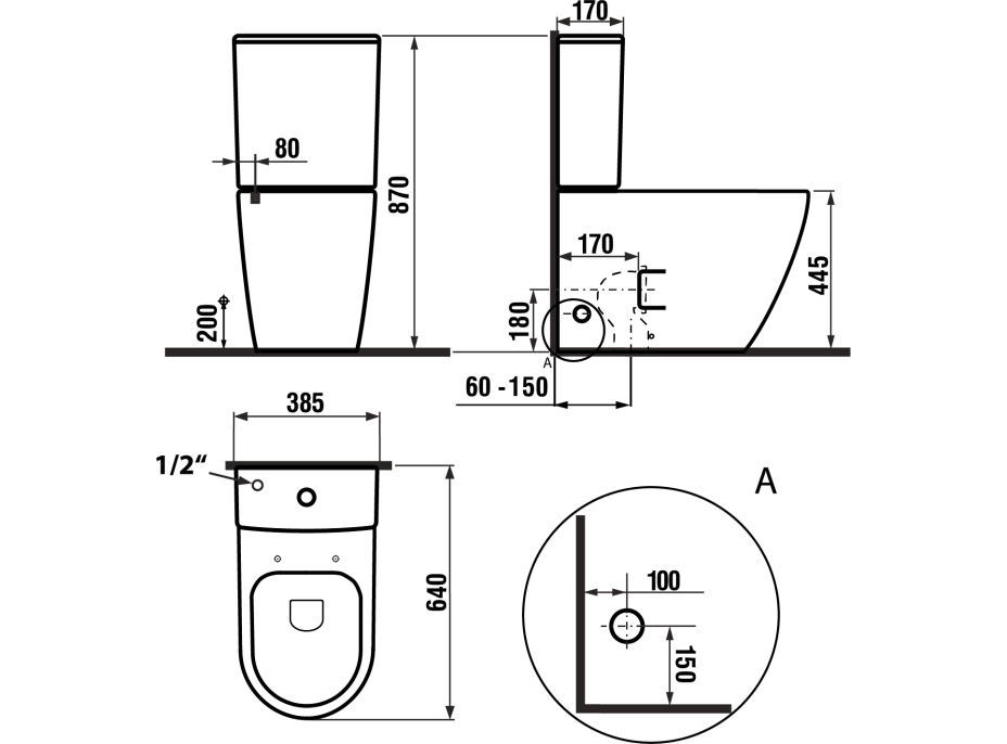 Sapho TURKU RIMLESS WC kombi zvýšený sedák, spodní/zadní odpad, bílá PC104WR