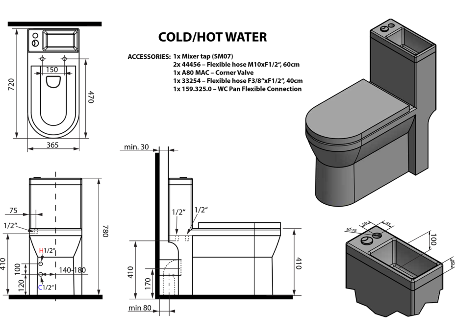 Aqualine HYGIE WC kombi s umývátkem, zadní/spodní odpad, bílá PB104W