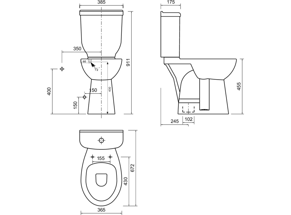 CREAVIT HANDICAP WC mísa kombi, zvýšený sedák, spodní odpad, 36, 5x67, 2cm, bílá BD305