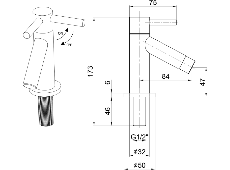 Aqualine Stojánkový kulový ventil 1/2", 128mm, chrom ZY12045