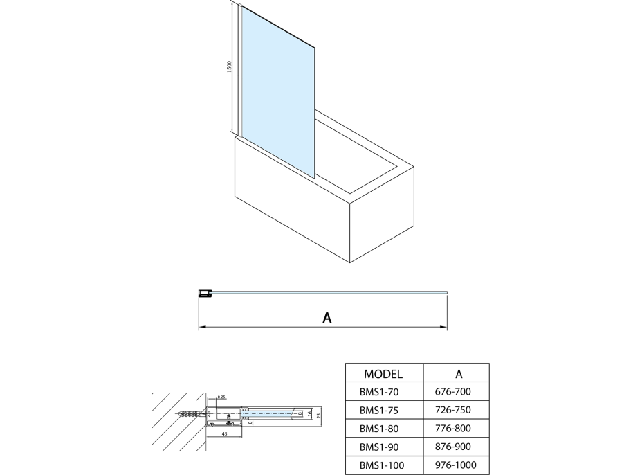 Polysan MODULAR SHOWER vanová zástěna 1000x1500mm, čiré sklo BMS1-100