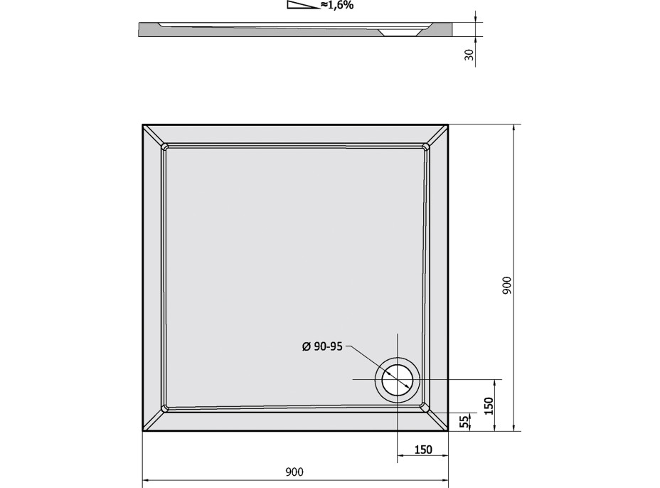 Polysan AURA sprchová vanička z litého mramoru, čtverec 90x90cm, bílá 43511