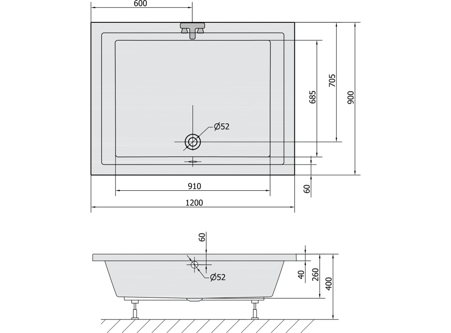 Polysan DEEP hluboká sprchová vanička s konstrukcí, obdélník 120x90x26cm, bílá 72392
