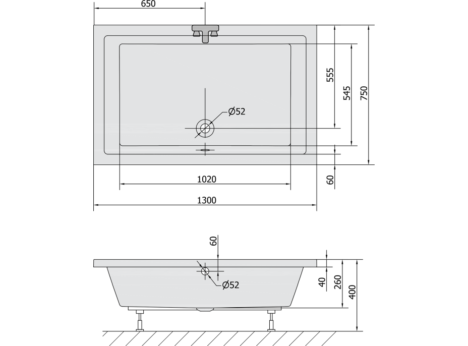 Polysan DEEP hluboká sprchová vanička s konstrukcí, obdélník 130x75x26cm, bílá 72943